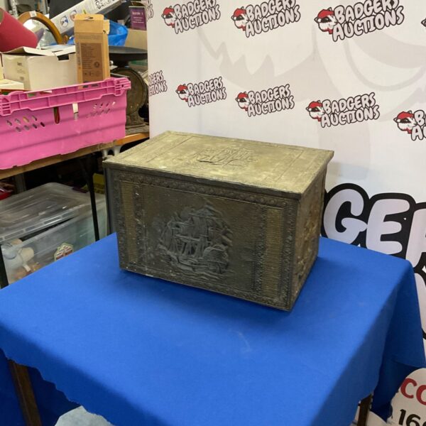 Vintage copper plated log box with nautical details.