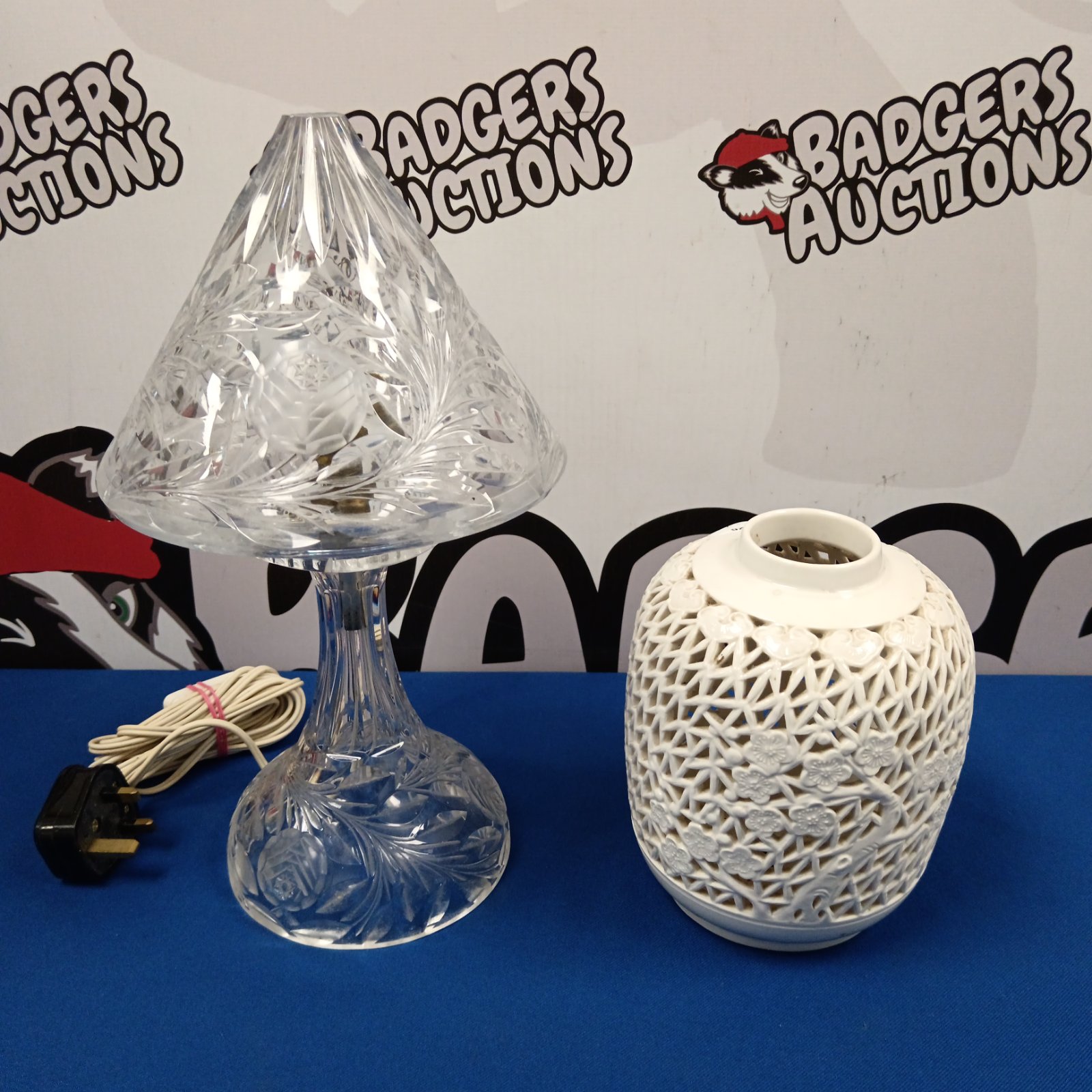 Vintage crystal table lamp with porcelain base and cherry blossom design.