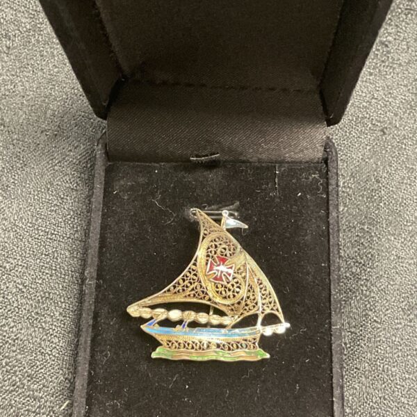 Vintage silver gilt filigree sailboat brooch with enamel Maltese cross.