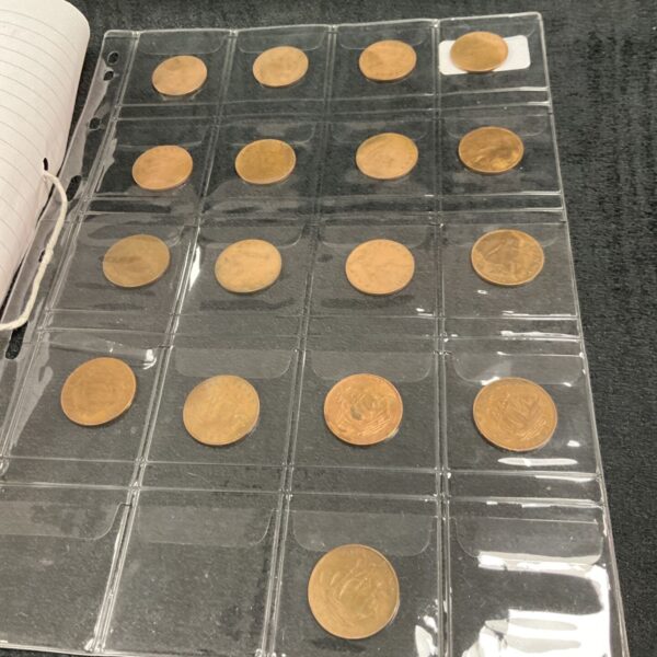 Vintage halfpenny coins displayed in a protective sheet.