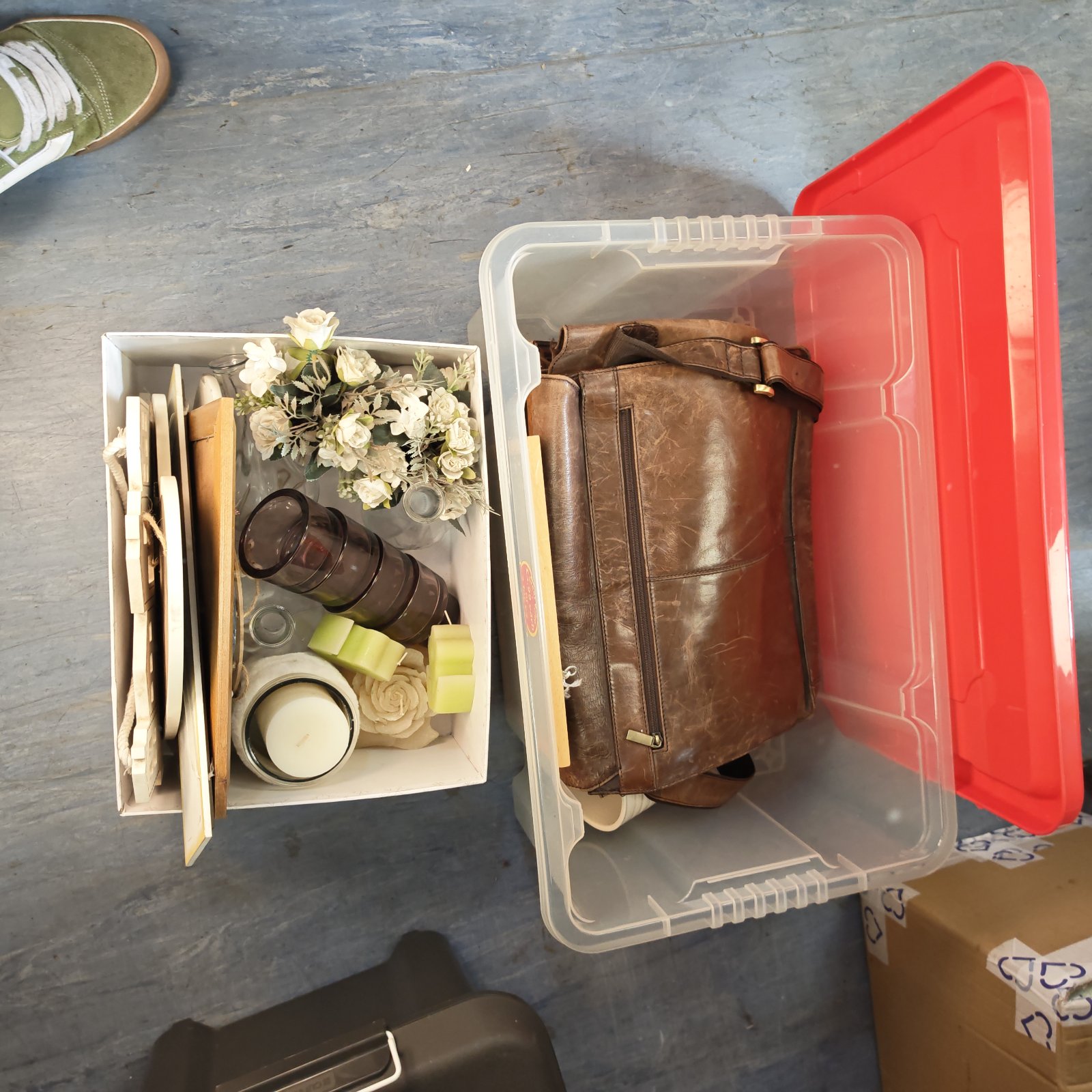Vintage homeware bundle with picture frames and a leather bag.