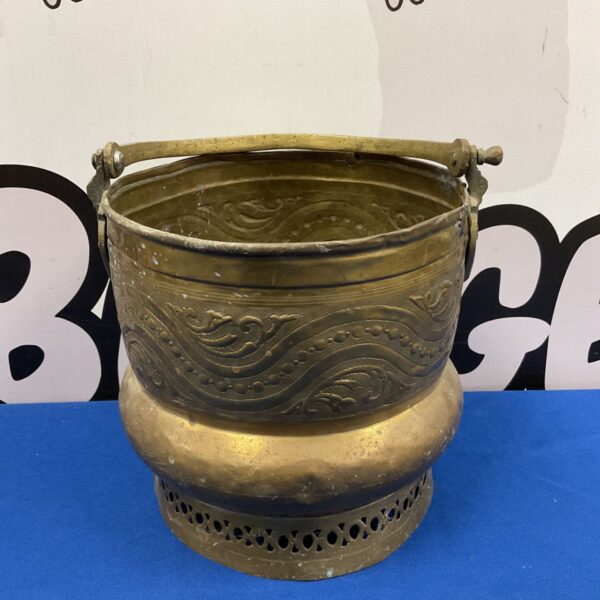 Vintage Indian brass coal bucket with embossed detailing.