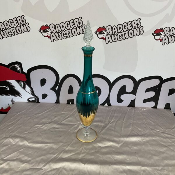 Vintage Italian green glass vase with gold accents.