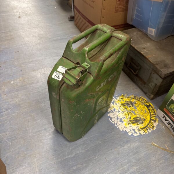 Vintage green 20L metal jerry can, ideal for collectors.