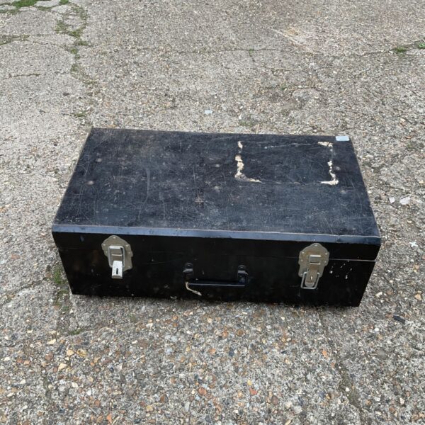 Dark metal storage chest with clasps and handle.