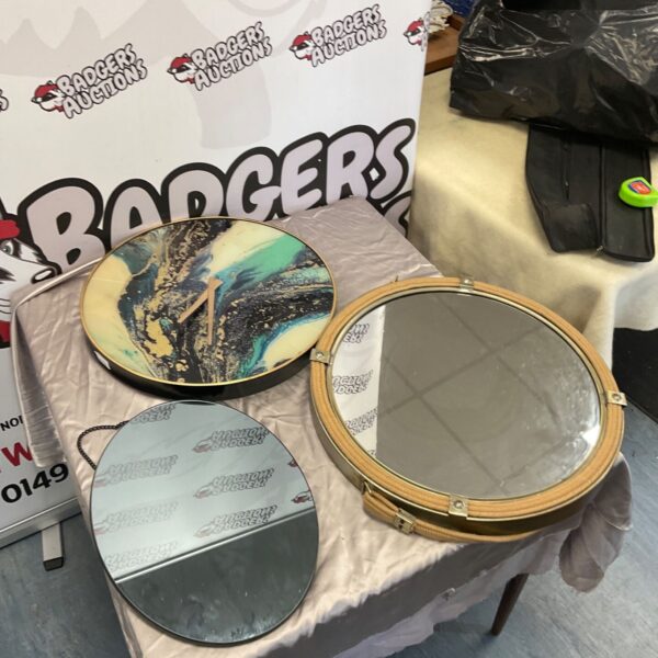 Vintage mirrors and a damaged wall clock for collectors.