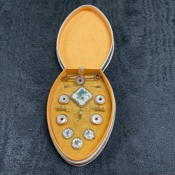Vintage mother of pearl and enamel collar stud set in open case.