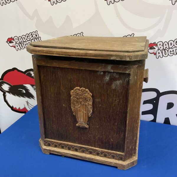 Vintage oak coal box with carved detail and galvanised liner.