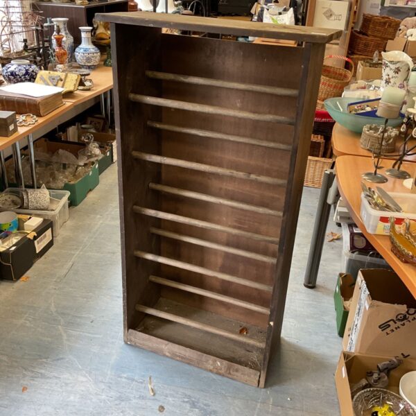 Vintage oak shoe rack cupboard for hallway storage.