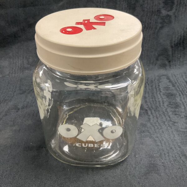 Vintage 1950s Oxo Cube jar, a classic kitchen collectible.