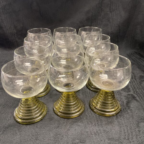 Set of twelve vintage green-stemmed Romer wine glasses.