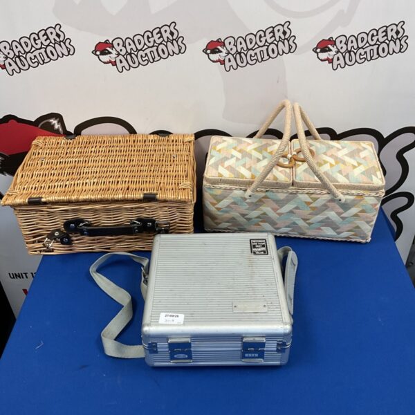 Vintage sewing basket, wicker basket and Corniche 7” case lot.