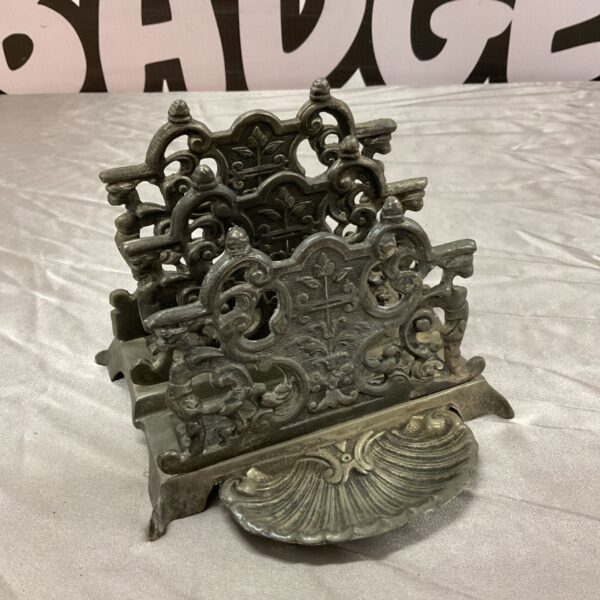 Ornate vintage silver plate letter rack with shell tray.