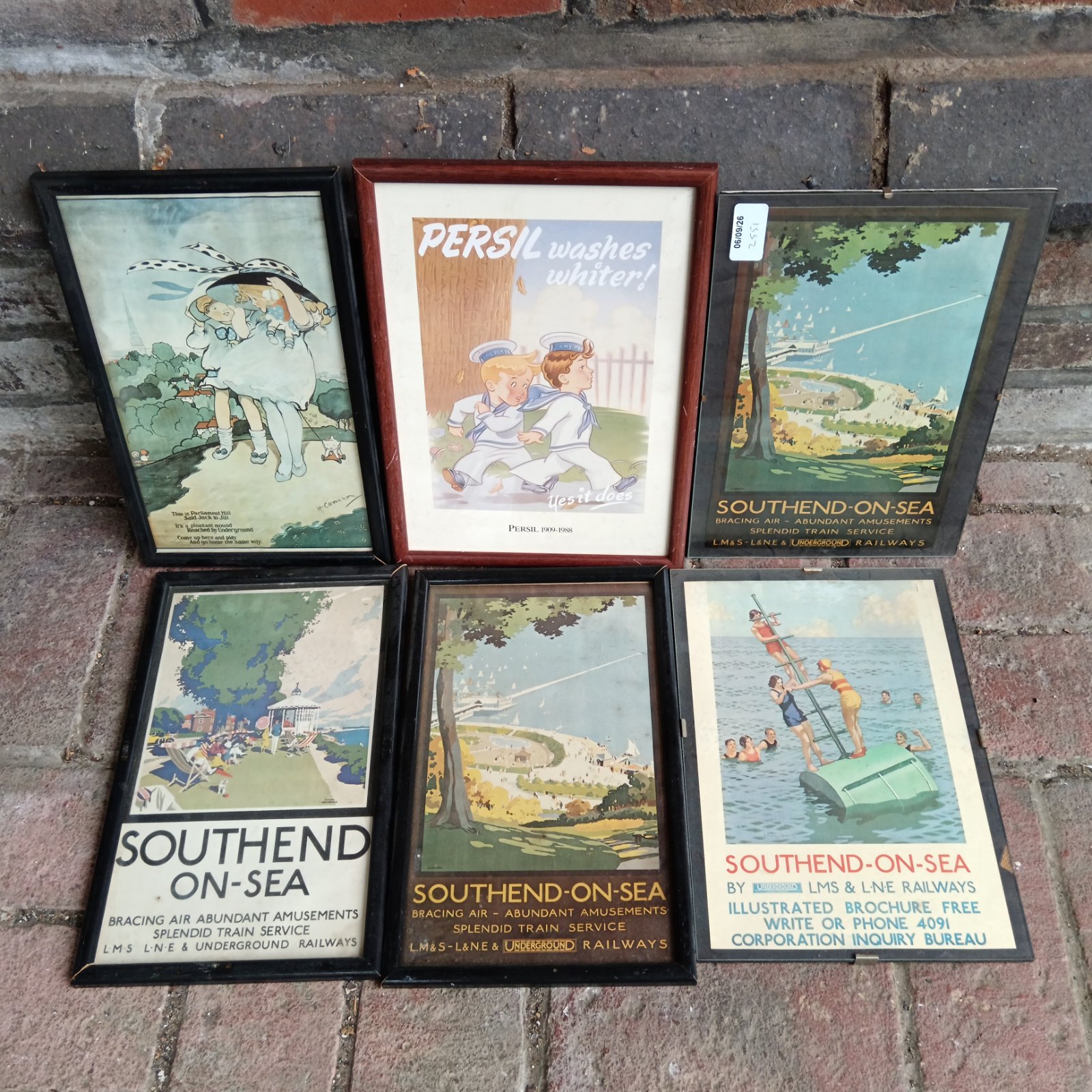 Vintage framed prints of Southend on Sea and advertising imagery.