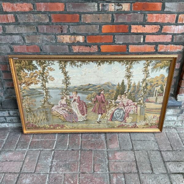 Large vintage gilt framed tapestry with a classical scene.