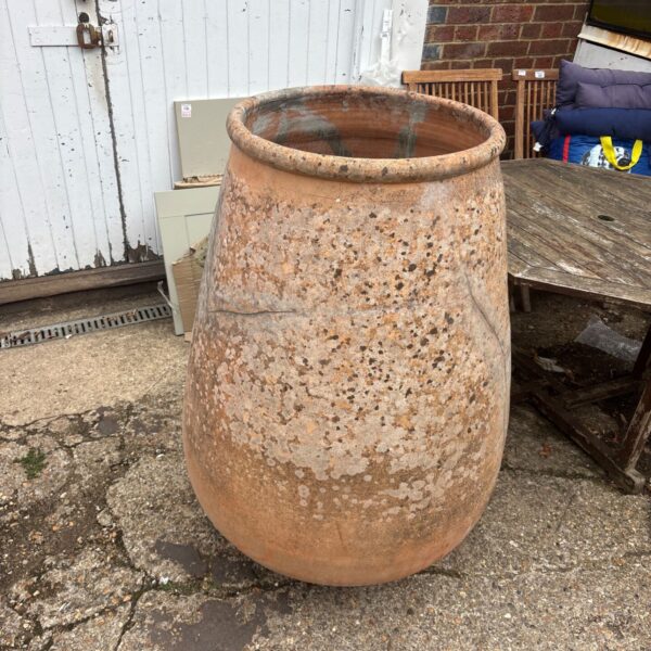 Large vintage terracotta urn in a garden setting.