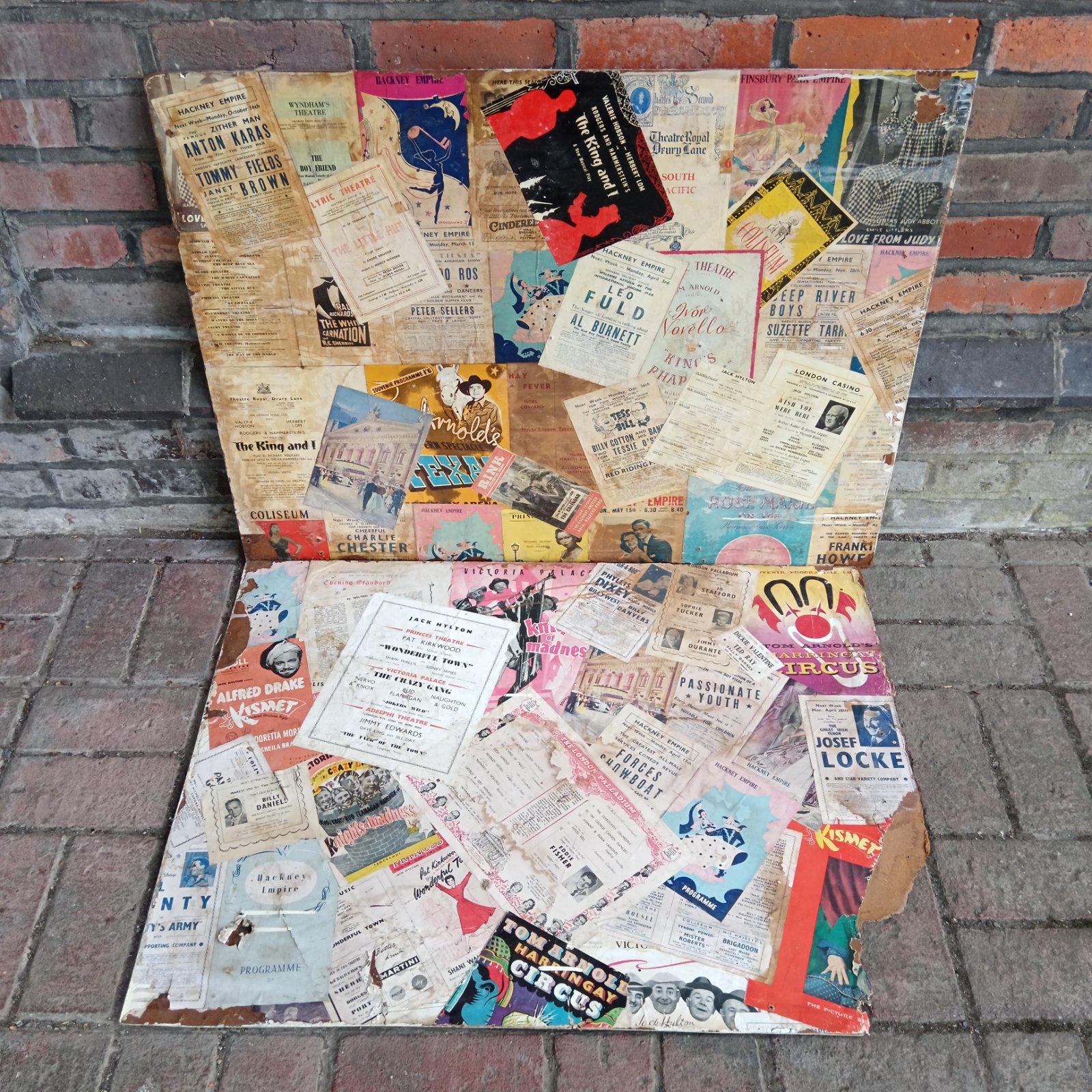 Vintage theatre programme collages on board, colourful and eclectic.