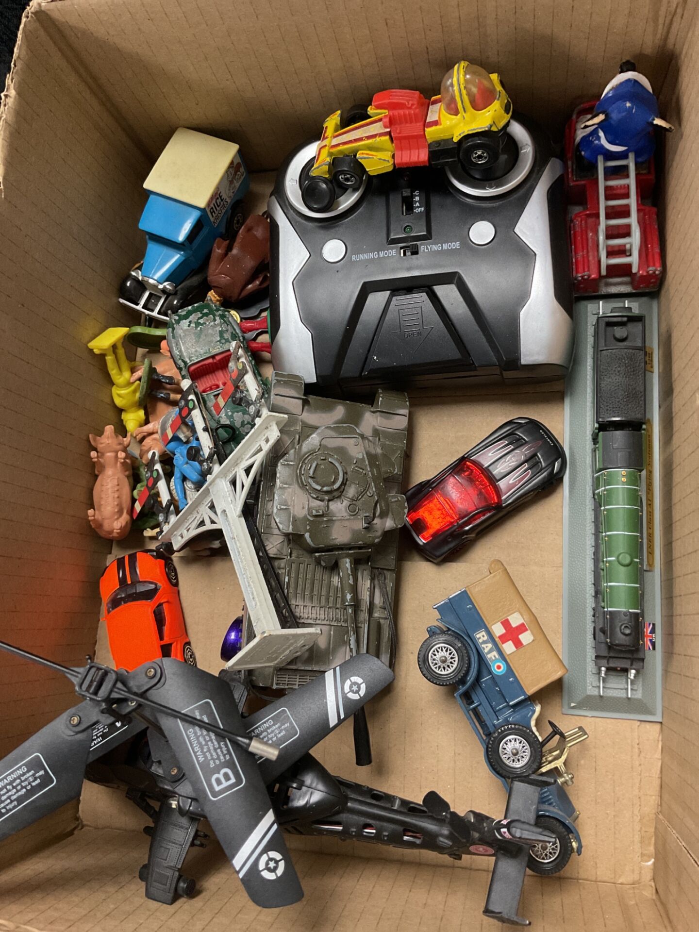400 Box mixed vintage toys inc corgi centurion tank R.C Helicopter crescent rail signals