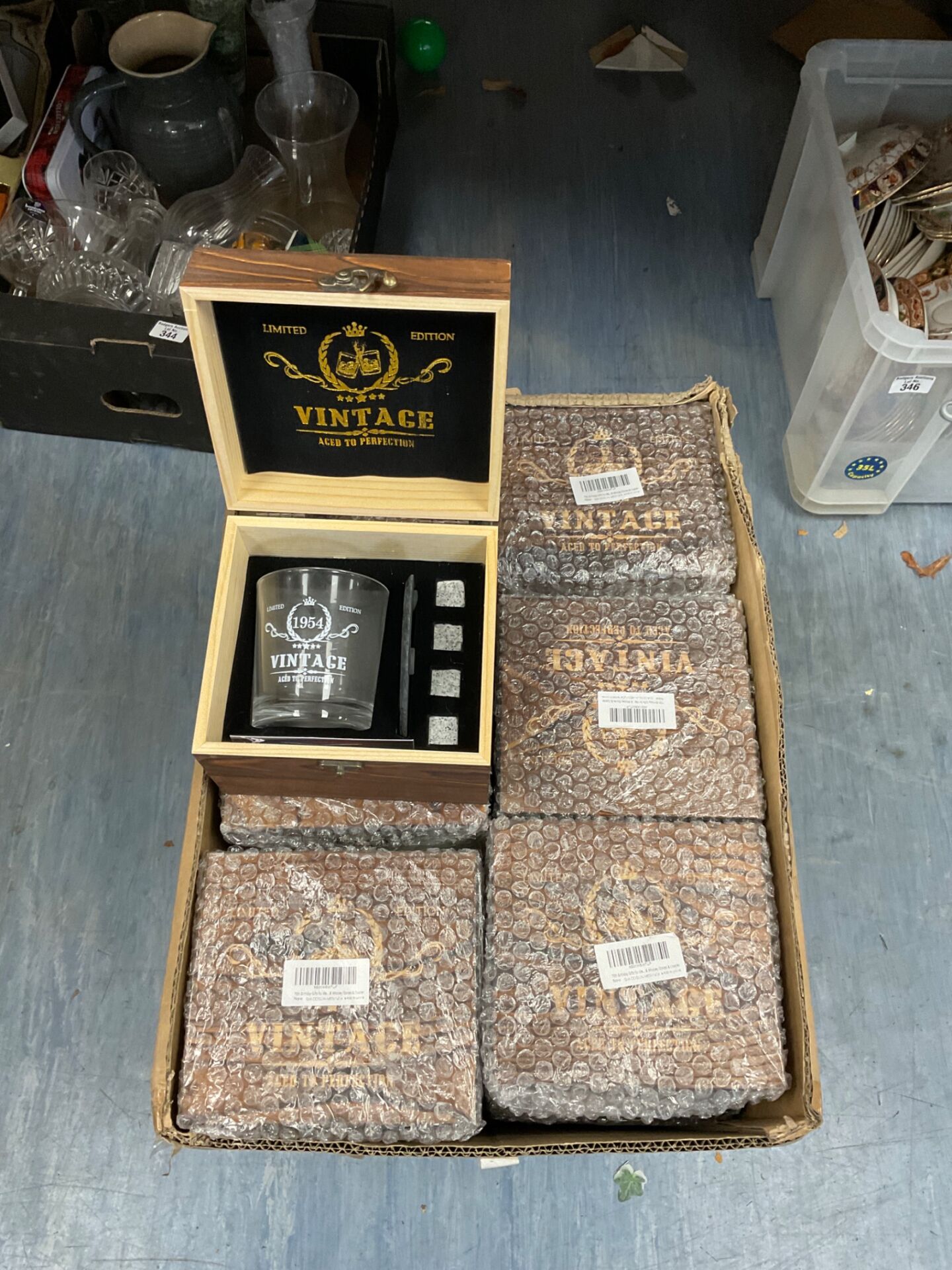 345 Box of Vintage Whisky glass and stone sets in boxes