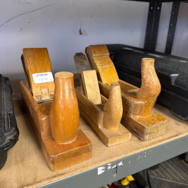 Lot of three vintage wood block planes for woodworking.