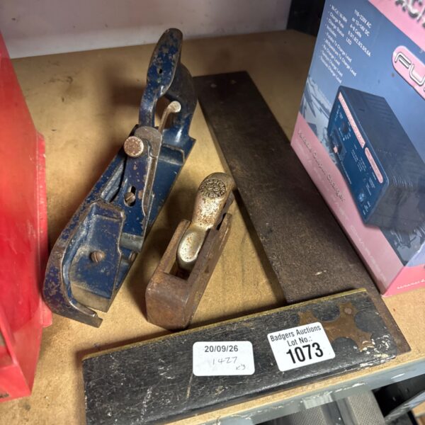 Vintage wood planes including a Record 078 plane and set square.