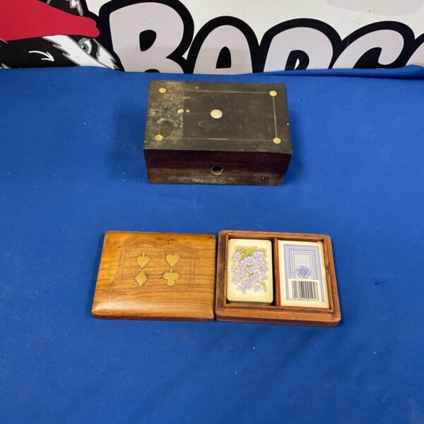 Vintage wooden boxes with a bridge set inside, collectible antique.