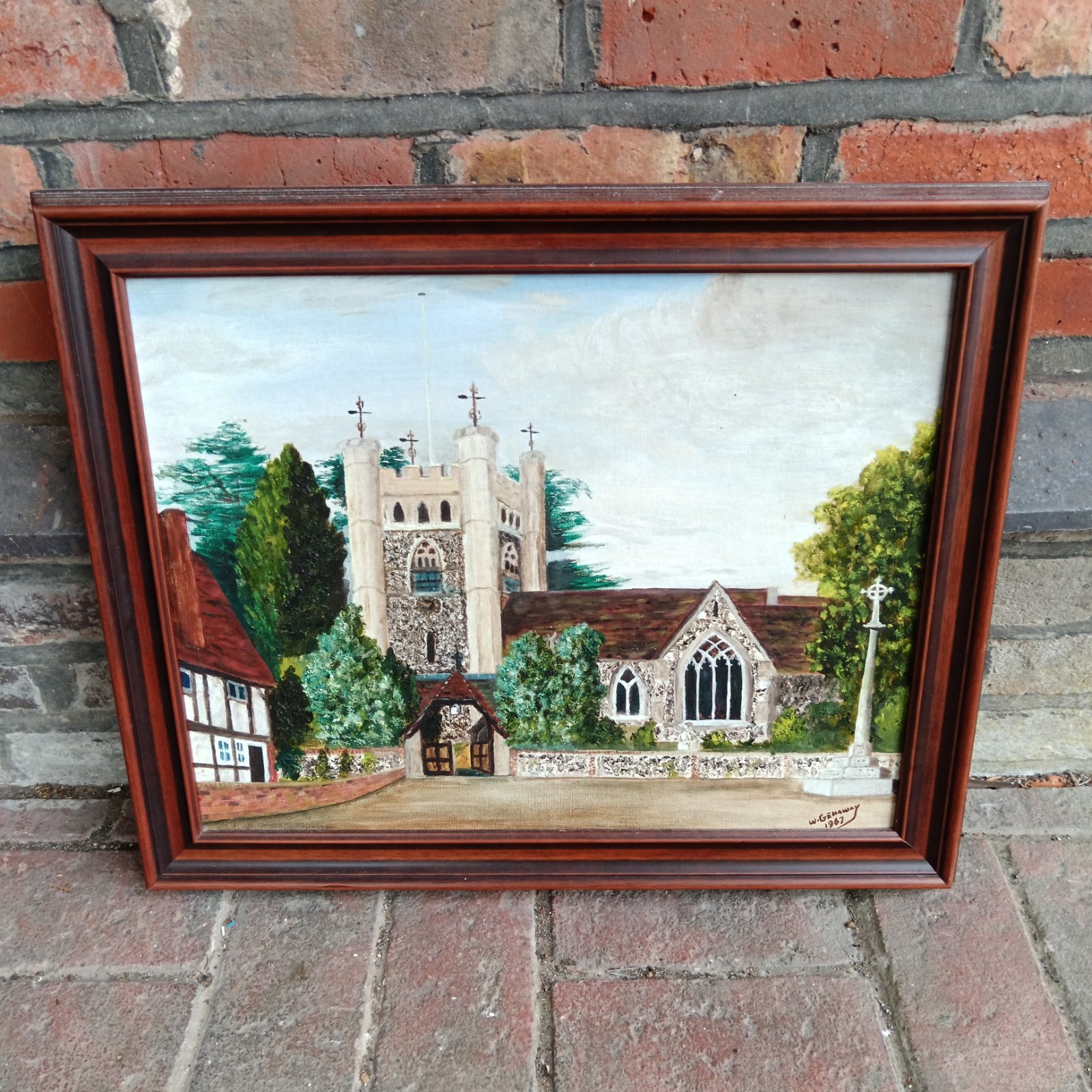 Vintage 1967 oil painting of an English church landscape by W Genaway.