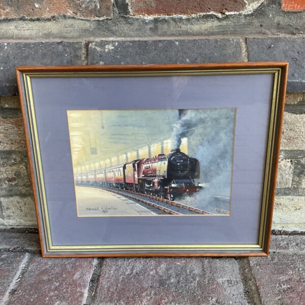Original Warwick Richardson steam train painting in a station.