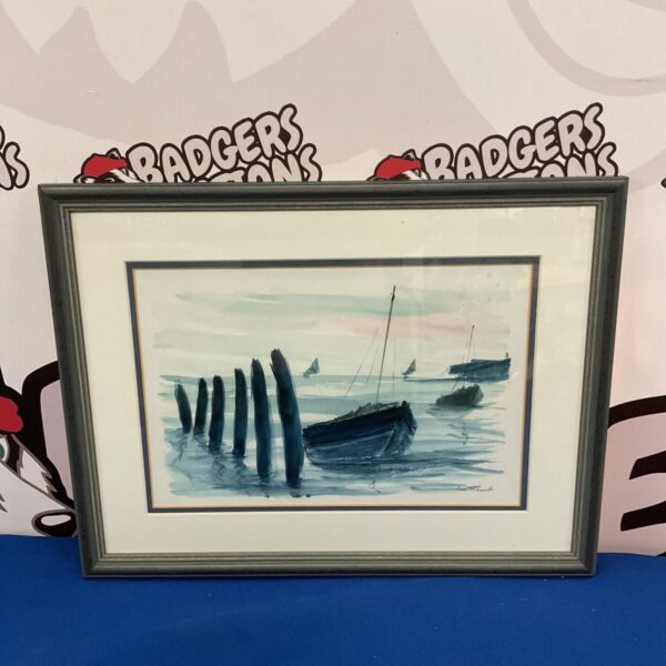 Signed watercolour painting of boats in a dock by L D’hourlt.