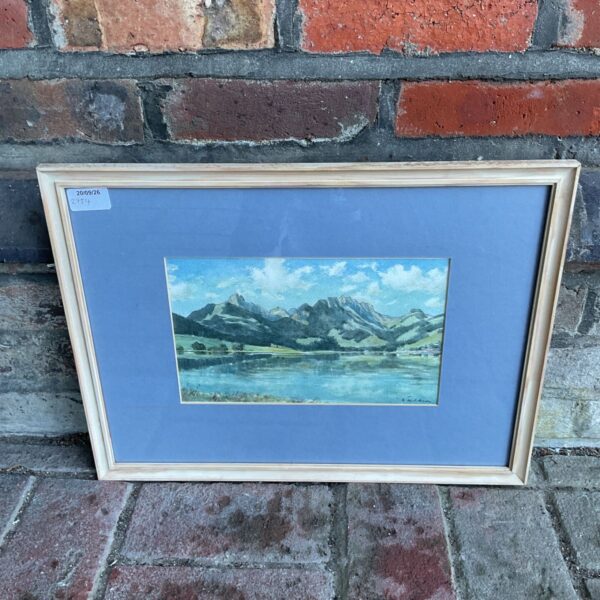 Signed watercolour painting of a mountain lake by W Telbia.