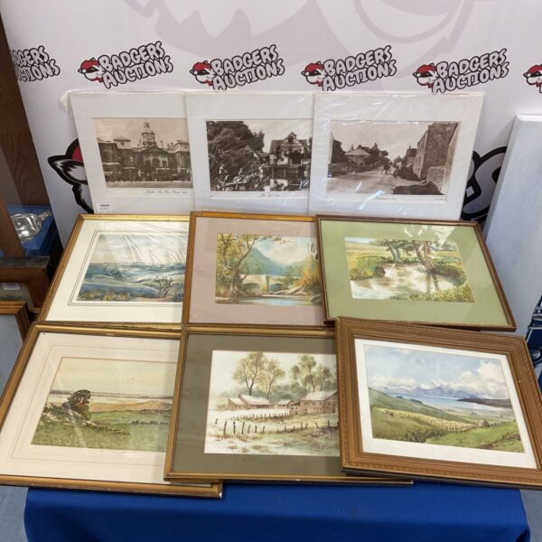 Framed watercolour and photograph collection featuring landscape scenes.