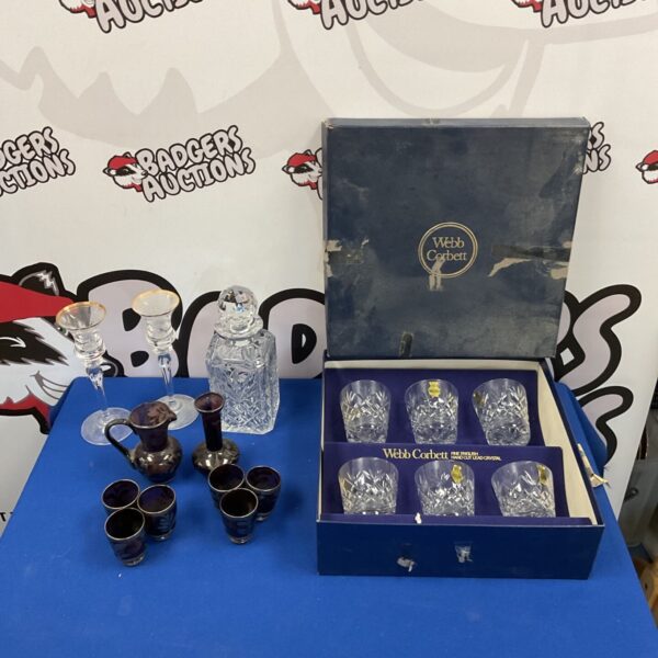 Webb Corbett crystal drinkware set including tumblers and decanter.