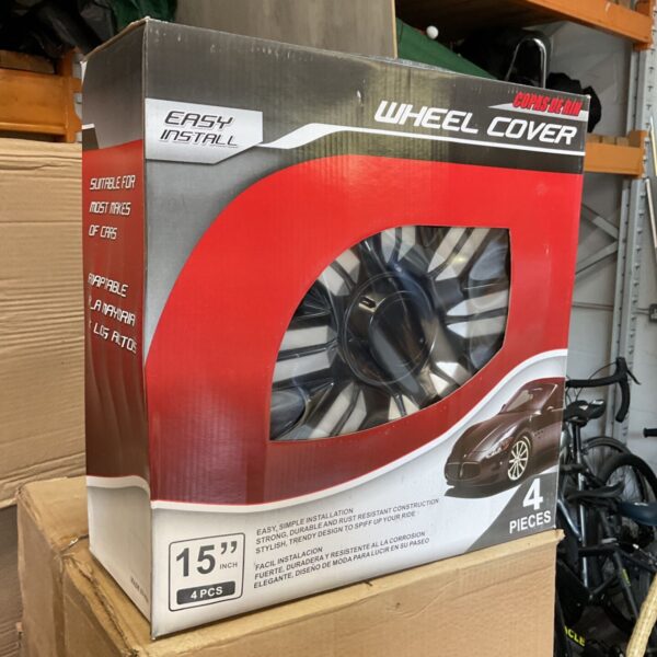 Wholesale lot of 15 inch wheel covers in original packaging.