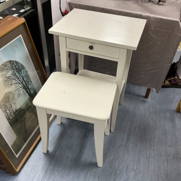 White side table with drawer, vintage style furniture.