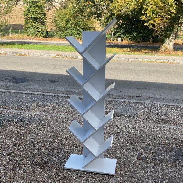 White tree bookshelf by Vasagle, modern leaning display shelf.