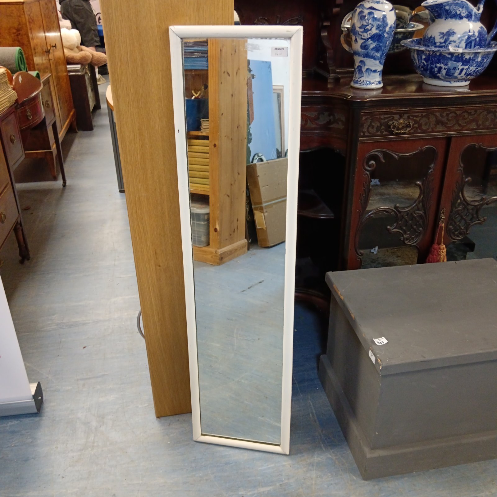White wooden framed mirror for bedroom or hallway.