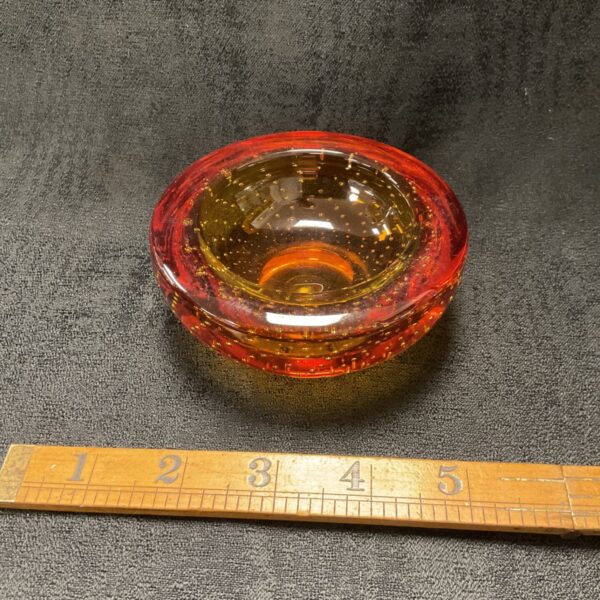 Vintage Whitefriars golden amber controlled bubble bowl, mid-century glass.