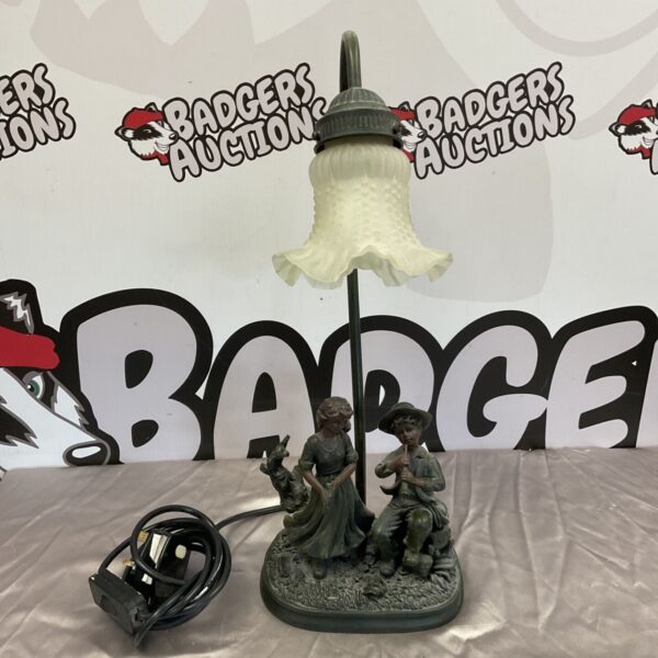 Antique Widdop Bingham table lamp with boy and girl figures.