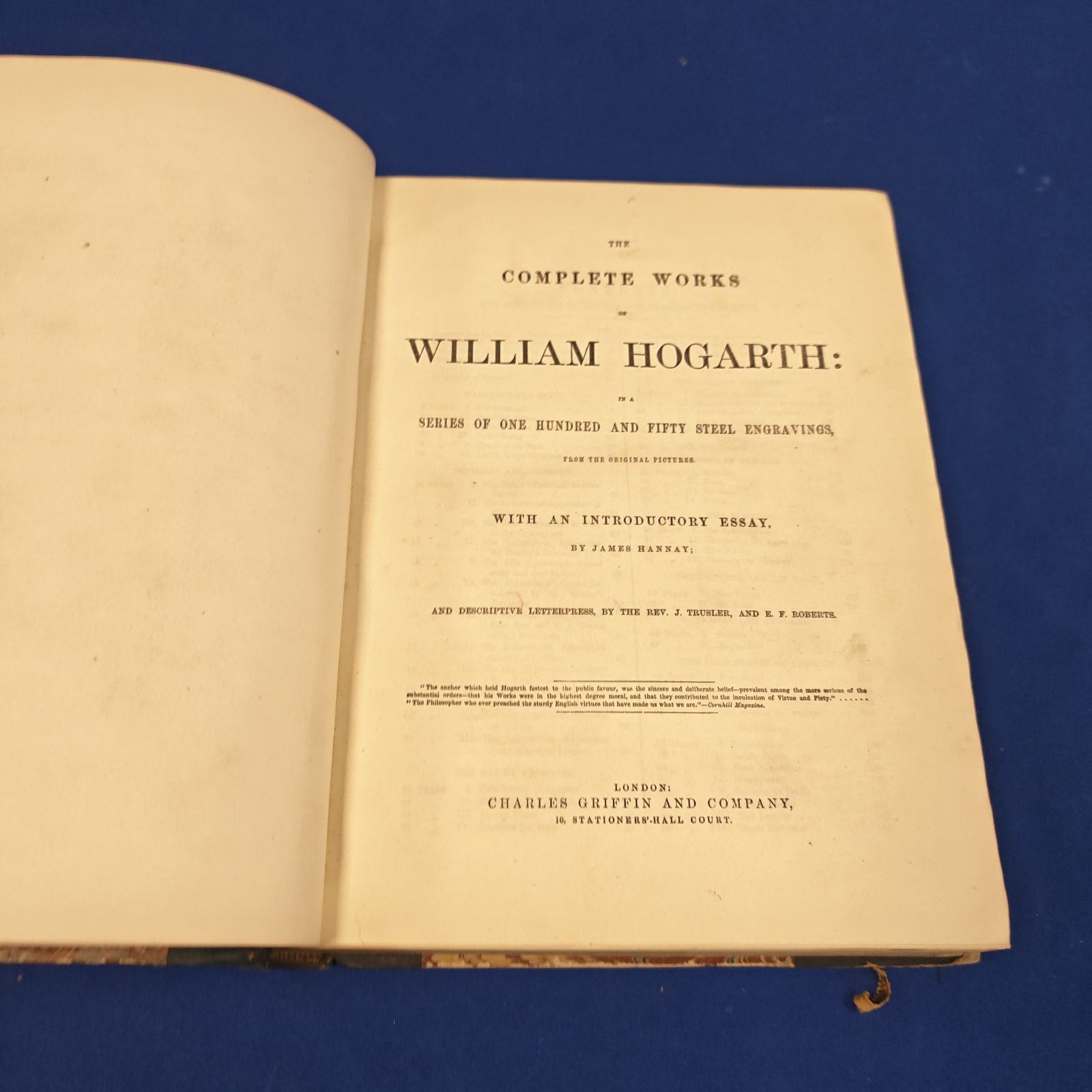 Antique book title page, "The Complete Works of William Hogarth"