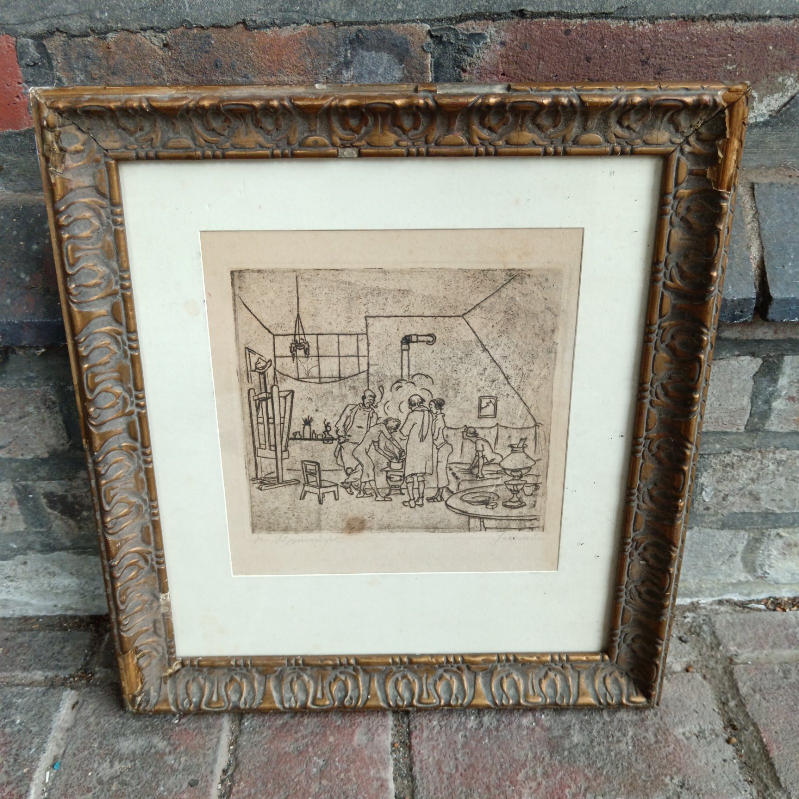 Signed Willy Hallstein etching of a vintage parlour scene.