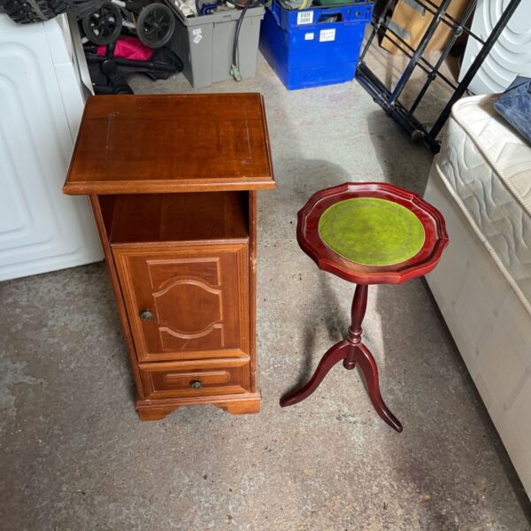 Vintage mahogany wine table and side cabinet set.