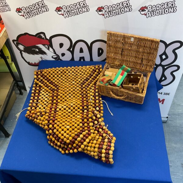 Colourful vintage wooden bead mat with wooden blocks.