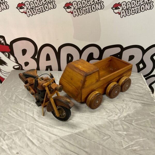Vintage wooden model motorcycle and truck, folk art collectible.