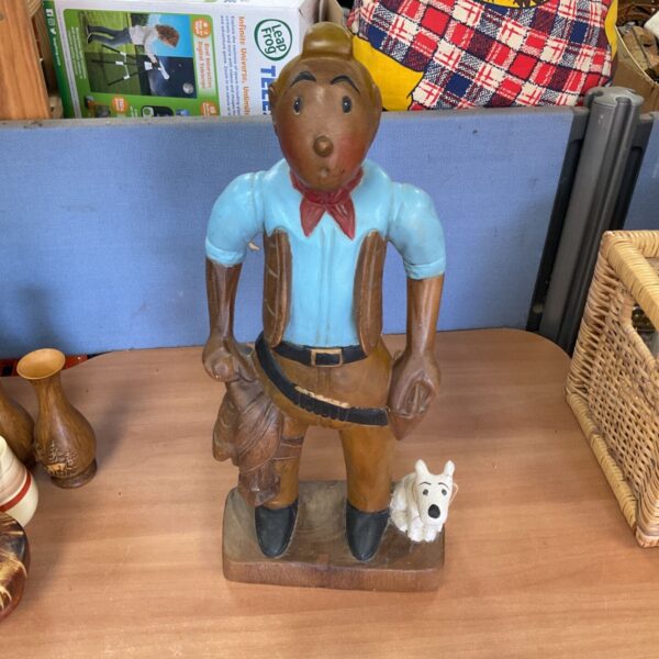 Vintage wooden Tintin sculpture, collectible Herge figure.