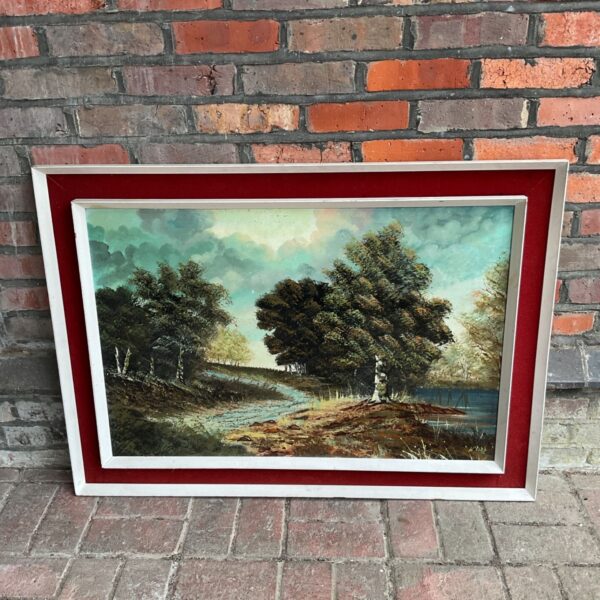 Vintage woodland river oil painting with bird signature.