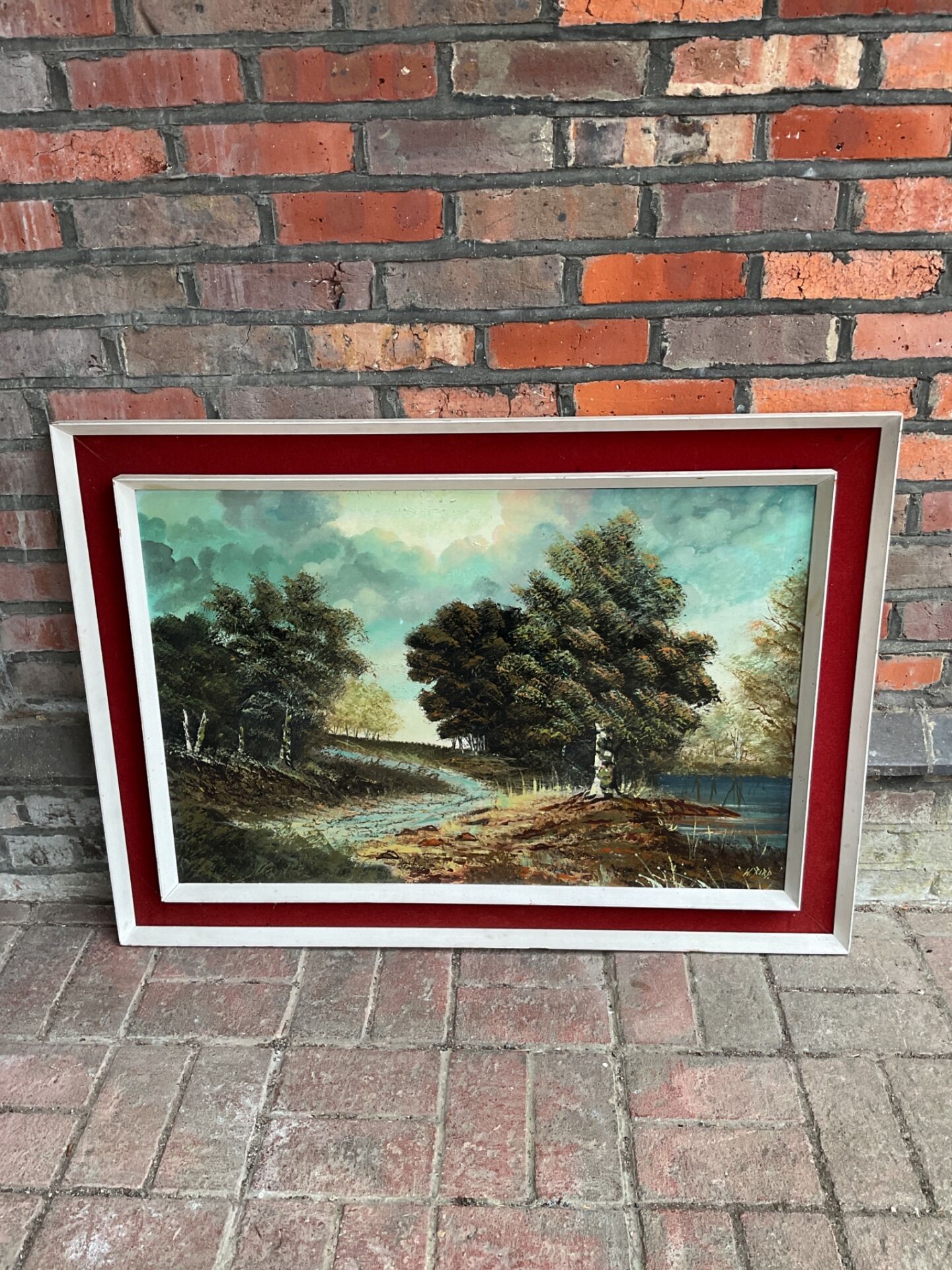 693 Large w bird signed oil painting of woodland river scene