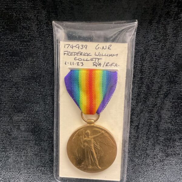 WW1 Victory Medal to Gnr Frederick William Collett, a British military collectible.