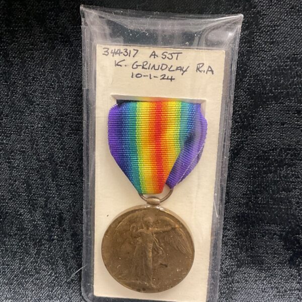 WW1 Victory Medal awarded to K. Grindlay of the Royal Artillery.