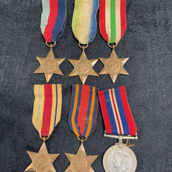 WW2 medal set including 39/45 Star, Atlantic, Italy, Africa and Burma Stars.