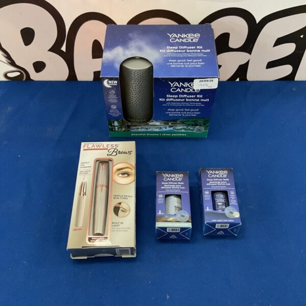 Yankee Candle Sleep Diffuser Kit with refills and brow trimmer in packaging.